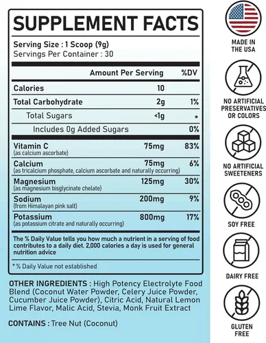 Miniatura 2 de Hidratación en polvo de electrolitos Alimentos reales de alta potencia Limón lima 30 porciones Polvo de electrolitos de alta potencia Mezcla