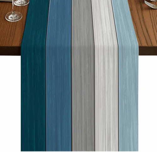Ocean Hues Farmhouse - Camino de mesa de lino y algodón, estilo retro, con textura de madera de granero rústica, degradado, azul, gris, Azul