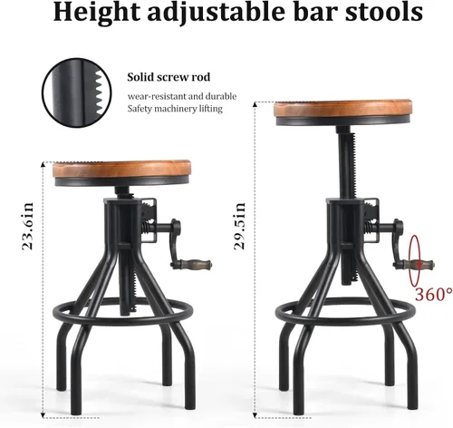 Miniatura 5 de Taburete industrial de madera para mostrador de granja, altura ajustable con asa, taburete de bar de cocina, color negro, juego de 2
