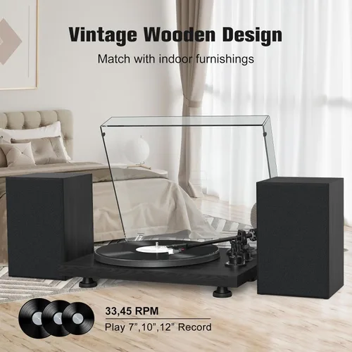 Miniatura 6 de Udreamer Tocadiscos de vinilo, giradiscos con altavoces de 40W, entrada y salida Bluetooth y grabación USB, tocadiscos LP vintage con cartucho