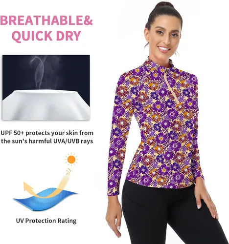 Miniatura 103 de WOWENY Camiseta deportiva de manga larga para mujer, con cremallera de un cuarto, cuello para entrenamiento, camiseta de tenis con estampado