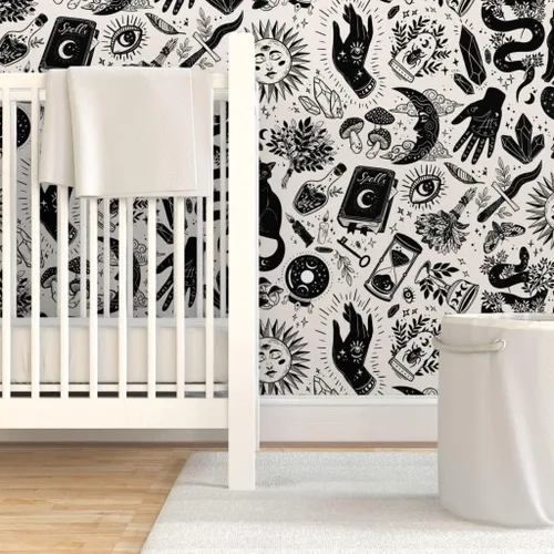 Miniatura 6 de Spoonflower Papel tapiz para despegar y pegar, color negro, blanco, gótico, gótico, mágico, de Halloween, bruja, monocromático, extraíble