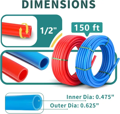 Miniatura 2 de Tubo PEX-B Niikappu azul y rojo de 1/2 pulgada, tubo Pex B de 2 x 75 pies (150 pies) con un cortador de tubos, 30 anillos (AB-2-75-KIT)