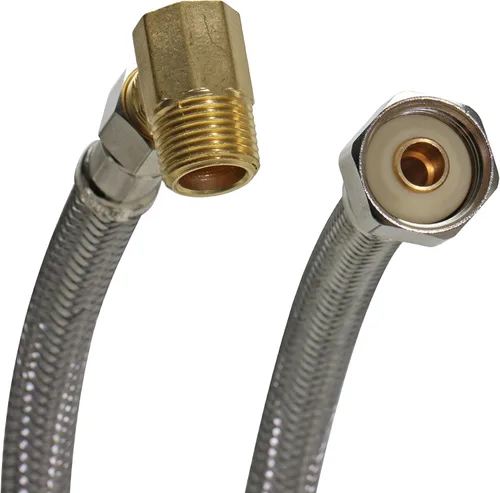 Fluidmaster B1W60 - Conector para lavavajillas con codo de 3/8 pulgadas, acero inoxidable trenzado, rosca de compresión hembra de 3/8 x rosca de 1/2