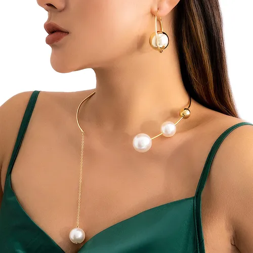 Miniatura 3 de Gargantilla de metal con perlas abiertas, collar ajustable con colgante de perlas elegante, collar de cadena para mujer