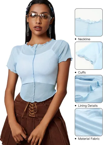 Miniatura 2 de Allytok Camisetas cortas de malla para mujer, de verano, manga corta, cuello redondo, transparente, Y2K