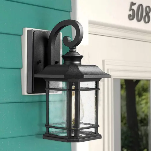 Miniatura 3 de Emliviar Luces de Farol de Pared para Exteriores, Lámpara de Aplique de Pared Exterior de 1 Luz, Acabado Negro con Vidrio Granulado Transparente