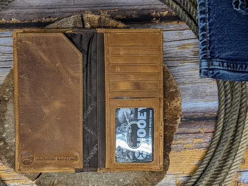 Miniatura 4 de HOOEY Cartera Western Rodeo de cuero para hombre, Logotipo de cerdo en relieve- Marrón