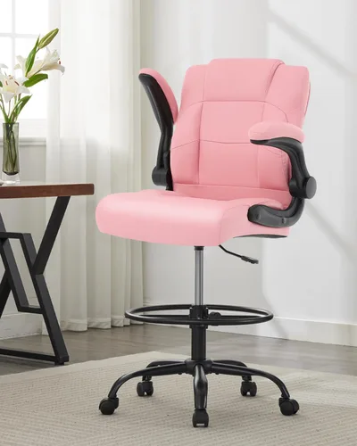 Miniatura 8 de Silla de dibujo ergonómica, silla de oficina alta para escritorio de pie con reposabrazos abatibles, anillo de pie ajustable y altura, silla de Negro