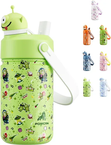 POWCAN 12 oz Insulated Water Bottle for School: 2-in-1 Straw Spout Lid with Soft Animal Head, BPA-Free, Leakproof, Keep Cold 24H, Easy Carry,