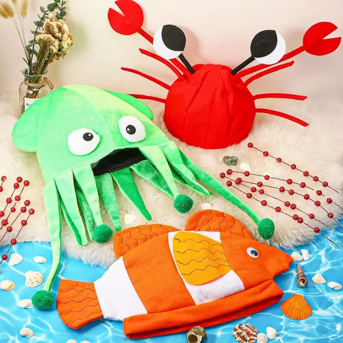 Miniatura 5 de Kasyat - Sombreros divertidos y locos de criaturas marinas, paquete de 3, disfraz de animales del océano, pulpo, cangrejo, payaso, sombreros