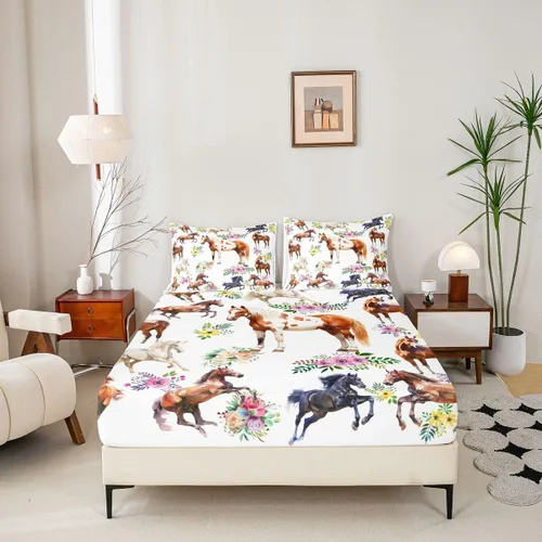 Miniatura 4 de Sábana bajera ajustable de caballo, sábanas de flores de animales de granja, tamaño individual para niños, adolescentes, adultos, dormitorio, juego