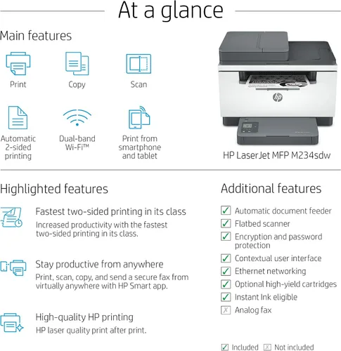 Miniatura 3 de HP LaserJet MFP M234sdw Impresora inalámbrica monocromática todo en uno con Ethernet integrado e impresión rápida de 2 caras, lista para tinta