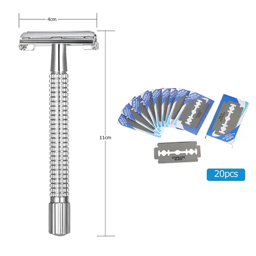 Miniatura 7 de Navaja de afeitar de seguridad de doble filo de acero inoxidable con 20 piezas de acero inoxidable, juego tradicional de afeitar de doble filo