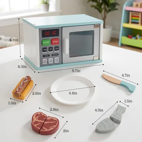 Miniatura 2 de WOODENFUN Microondas de juguete de madera para niños, juego de cocina con luz y sonido, accesorios de cocina de juego de simulación, juguete