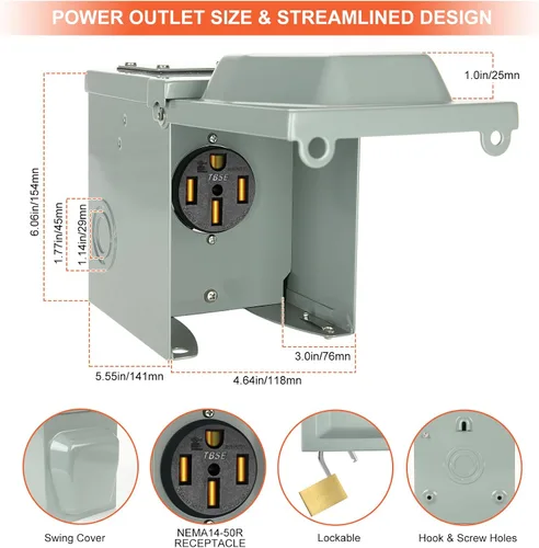 Miniatura 2 de Caja de toma de corriente WELLUCK para RV 50A 125/250V, Receptáculo NEMA 14-50R Cerrado y con cerradura Enchufe resistente a la intemperie