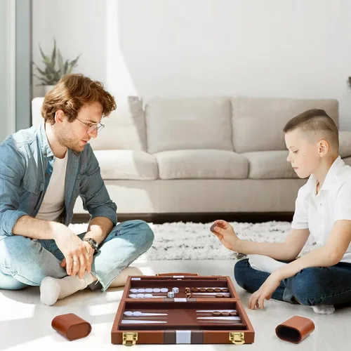 Miniatura 8 de Backgammon - Juego de 2 jugadores clásico de backgammon para adultos, juego de mesa con funda de piel sintética, portátil y juego de backgammon
