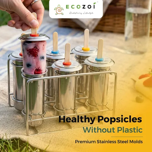 Miniatura 2 de Ecozoi Moldes de paletas de acero inoxidable, 6 máquinas de paletas de hielo de metal, 30 palitos de bambú reutilizables, 12 sellos de silicona y 1