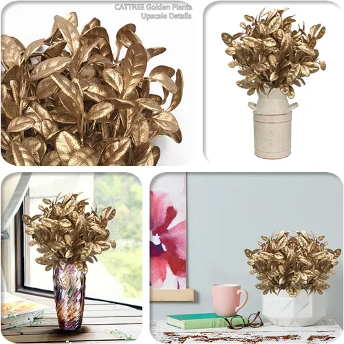 Miniatura 3 de CATTREE Plantas artificiales para decoración de Navidad, hierba de plástico dorado, hojas falsas, arbustos de simulación para interiores y Hojas