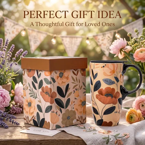 Miniatura 5 de Taza de café de viaje de cerámica con tapa para el hogar y la oficina, taza de té alta de porcelana de 17 onzas con mango de arte floral en caja