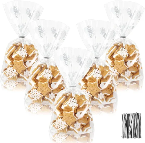 Miniatura 7 de Outus 100 piezas de bolsas de regalo de Navidad, bolsas de celofán con copos de nieve y Santa Claus, recipientes planos de plástico de celofán