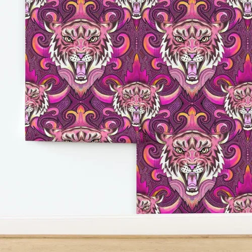 Miniatura 4 de Spoonflower Muestro de papel tapiz extraíble - Pink Tigers Purple Orange Maximalist XL Jungle - Papel pintado prepegado personalizado