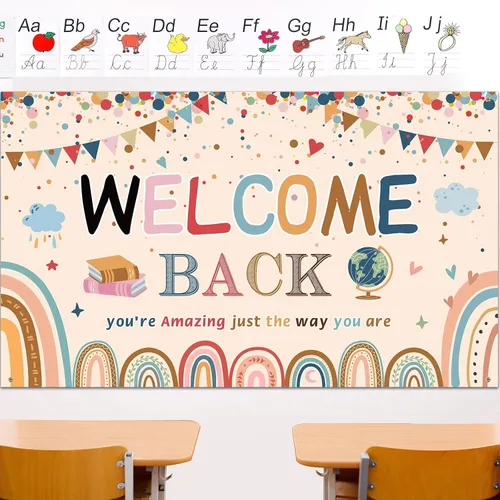 Miniatura 9 de Tatuo Cartel de bienvenida de vuelta a la escuela, cartel grande de tela para el primer día de escuela, cartel de bienvenida, tablón de anuncios