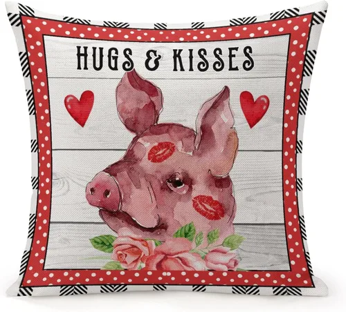 Love Heart Throw Cushion Cover Case Valentine's Day Pig Hugs & Kisses Decorative Pillow Cover Linen Square Zipped Pillow Case for Couch Bed Car
