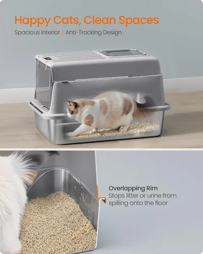 Miniatura 4 de Feandrea Caja de arena para gatos de acero inoxidable con tapa abatible, alfombrilla y caja, 2 puertas, cuchara, para gatos de hasta 33 libras, gris