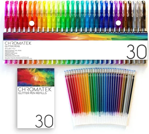 CHROMATEK Juego de 60 bolígrafos con purpurina de los mejores colores. 200% de tinta: 30 bolígrafos de gel, 30 repuestos. Colores súper brillantes