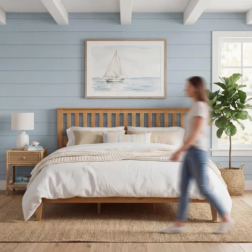 Miniatura 4 de ComfIQ Cama de plataforma de madera maciza con listones de madera, marco duradero, no requiere somier, amplio almacenamiento debajo de la cama, Pino