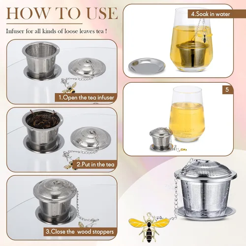 Miniatura 3 de FoldTier 3 juegos de infusores de té sueltos, coladores de hojas de acero inoxidable con bandejas de goteo y colgante de abeja de miel, malla fina