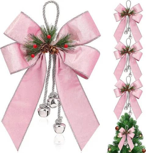 Miniatura 8 de Yinkin Corona de Árbol de Navidad Lazo Lazos de Cinta de Navidad con Campanas 11 x 7.8 pulgadas Terciopelo Cono de Pino Lazo Adornos Colgantes