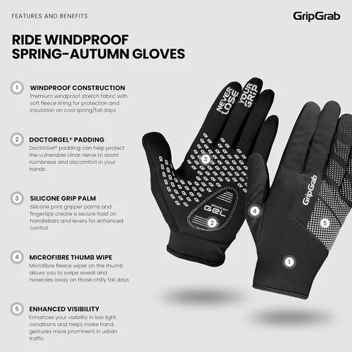 Miniatura 2 de GripGrab Guantes de bicicleta acolchados de gel para primavera y otoño, resistentes al viento, guantes de ciclismo térmicos para clima frío, guantes