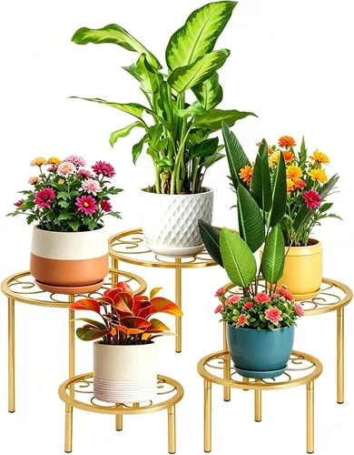 Juego de 5 piezas de estantes de metal para flores, estantes resistentes para plantas de diferentes tamaños, estantes de flores de hierro, adecuados