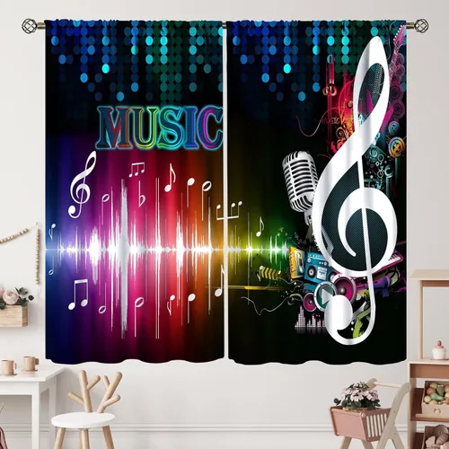 Miniatura 22 de Cortinas de notas musicales, rústicas, mágicas, notas musicales, arte retro, piano y violín, cortina con bolsillo para barra para dormitorio, sala