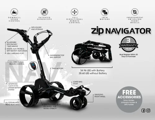 Miniatura 2 de MGI Zip Navigator Electric Golf Cart - 36 Hole Battery - Remote Control - (Drink, Umbrella, & GPS Phone)