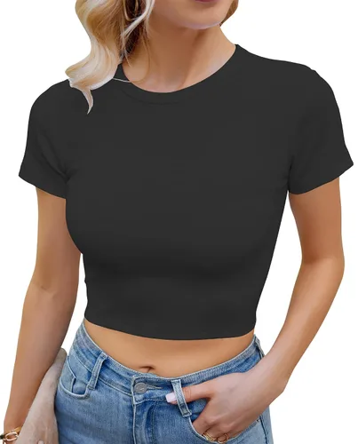 Miniatura 5 de Artfish Camiseta básica para mujer, cuello redondo, manga corta, ajustada, casual, para entrenamiento