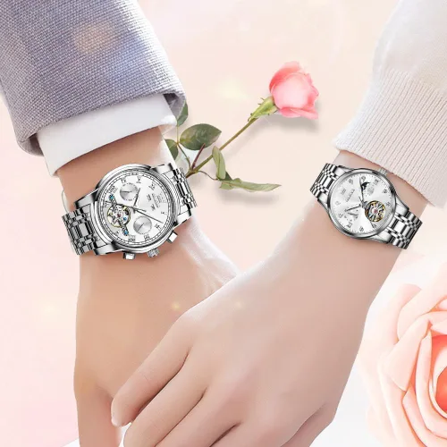Miniatura 2 de OLEVS Relojes de pareja para hombres y mujeres, reloj automático para él y ella, tono de remolque, de acero inoxidable, impermeable, luminoso