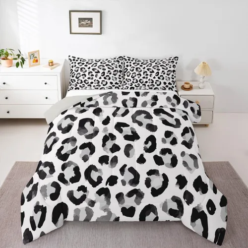 Miniatura 42 de Erosebridal Juego de edredón con estampado de leopardo, tamaño individual para niños, edredón de guepardo occidental, negro y gris, juego de ropa