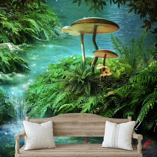 IDEA4WALL Adhesivo mural removible para pared, diseño de hongos místicos, cascada, bosque, fantasía y ciencia ficción, arte digital, arte moderno,
