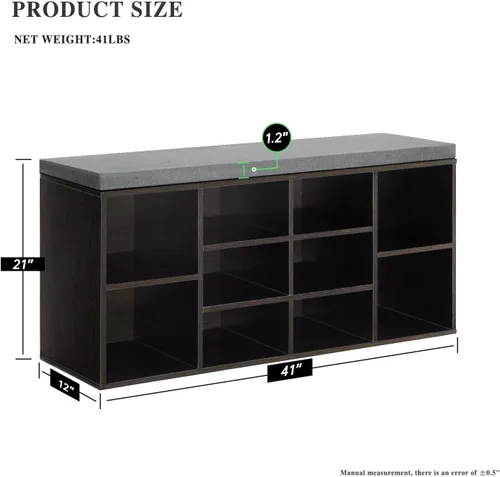 Miniatura 3 de Dopinmin Banco de almacenamiento de zapatos con 10 cubículos ajustables, banco de entrada con estantes, banco de zapatos de 3 niveles para sala