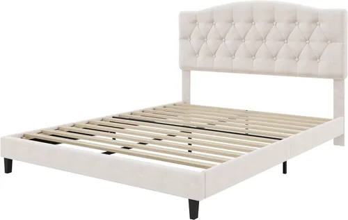 Miniatura 7 de Merax Cama de plataforma tapizada de lino tamaño Queen con cabecera curvada ajustable, acolchado de diamante, listones de madera, soporte de metal