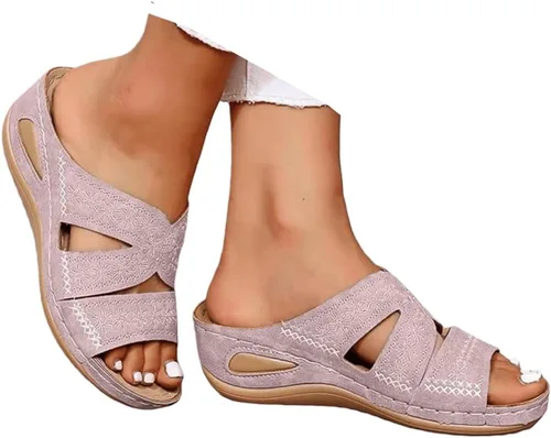 Sandalias ortopédicas para mujer, plataforma elegante, tacón de cuña, sin cordones, puntera abierta, sandalias ortopédicas casuales de verano Rosa