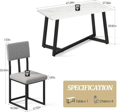 Miniatura 6 de Juego de mesa de comedor de 5 piezas para 4, mesa de cocina de mármol sintético de 47.24 pulgadas con 4 sillas tapizadas de lino, juego de mesa