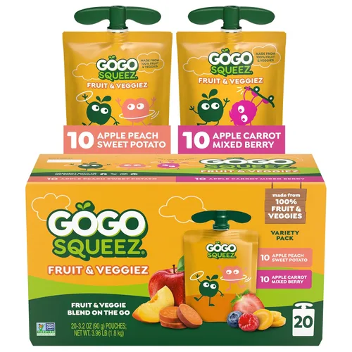 GoGo squeeZ Fruit & veggieZ Paquete variado de puré de manzana y verduras, Pedal Peach y Boulder Berry, 3.2 onzas (paquete de 20), aperitivos sin