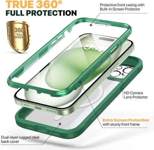 Miniatura 2 de Diaclara - Funda diseñada para iPhone 15 Plus de 6.7 pulgadas, compatible con MagSafe, magnética y resistente, con protector de pantalla Verde