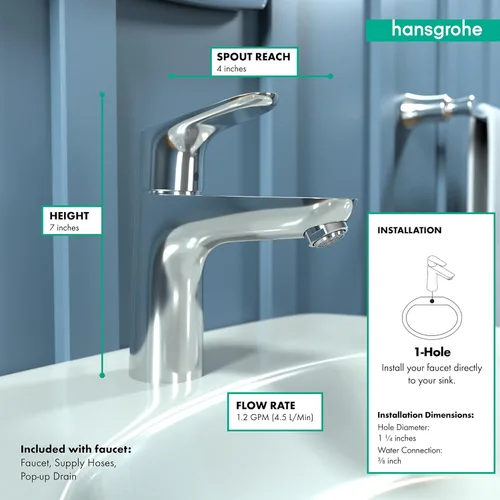 Miniatura 4 de hansgrohe Focus Modern 04371000 - Grifo de lavabo de baño de 1 manija y 1 7 pulgadas de alto, fácil de limpiar, cromado