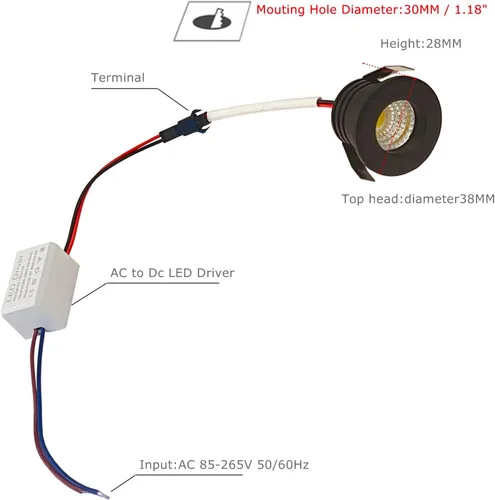 Miniatura 2 de 2 paquetes de mini focos de 3 W, AC 110V 220V, luces empotradas para techo, para exhibición en vitrina y debajo del gabinete, luz blanco cálido 3000