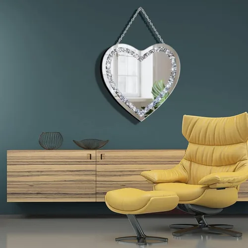 Miniatura 2 de DMDFIRST Espejo de plata con forma de corazón de diamante de cristal con cadena de acero inoxidable plateado para decoración de pared, 12 x 12 x 0.5